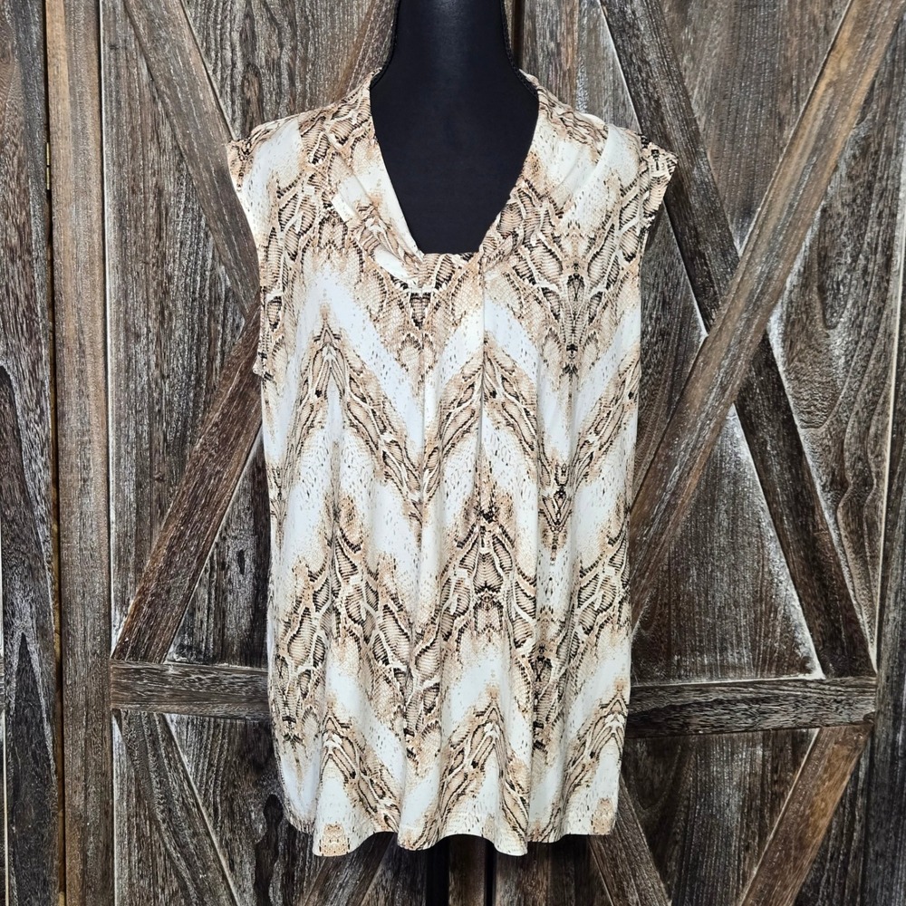 Dana Buchman Womens Snakeskin Print Sleeveless V-Neck‎ Blouse Tan Cream Large